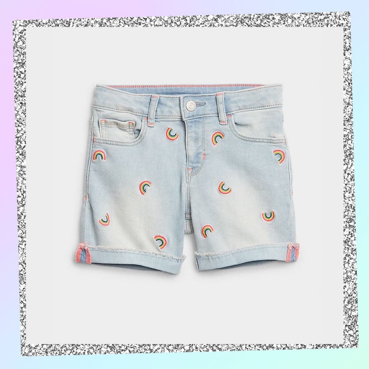 A pair of shorts with allover rainbow patches
