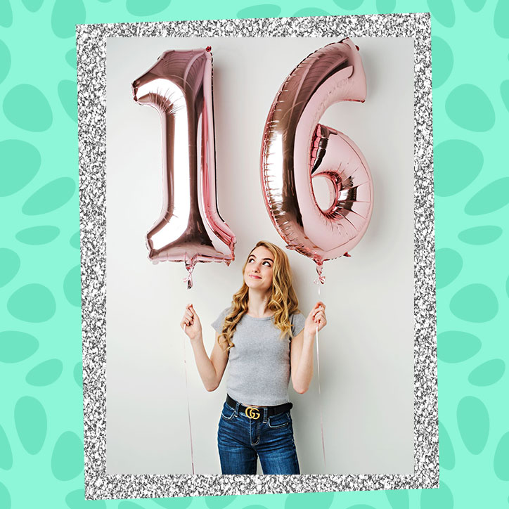 Actress Madison Brydges holding up gold balloons that say "16"