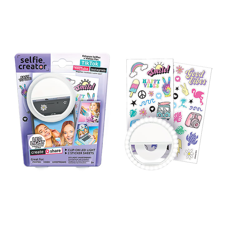 Selfie_Creator Packaging, Mini Ring Light, and Sticker Sheet