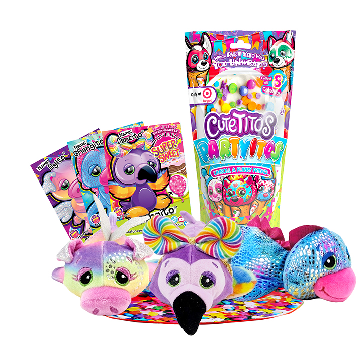 Cutetitos Partyitos plush collectible toys sitting in front of their packaging