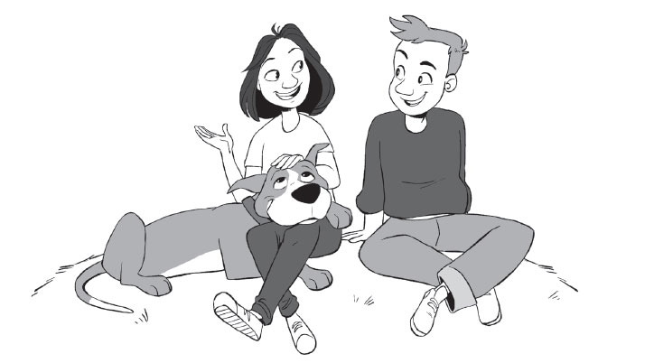 Illustration of Fred the dog, Abby and Zachary from Dog Squad