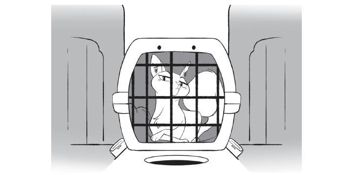 Illustration of a white cat in a cat carrier from Dog Squad