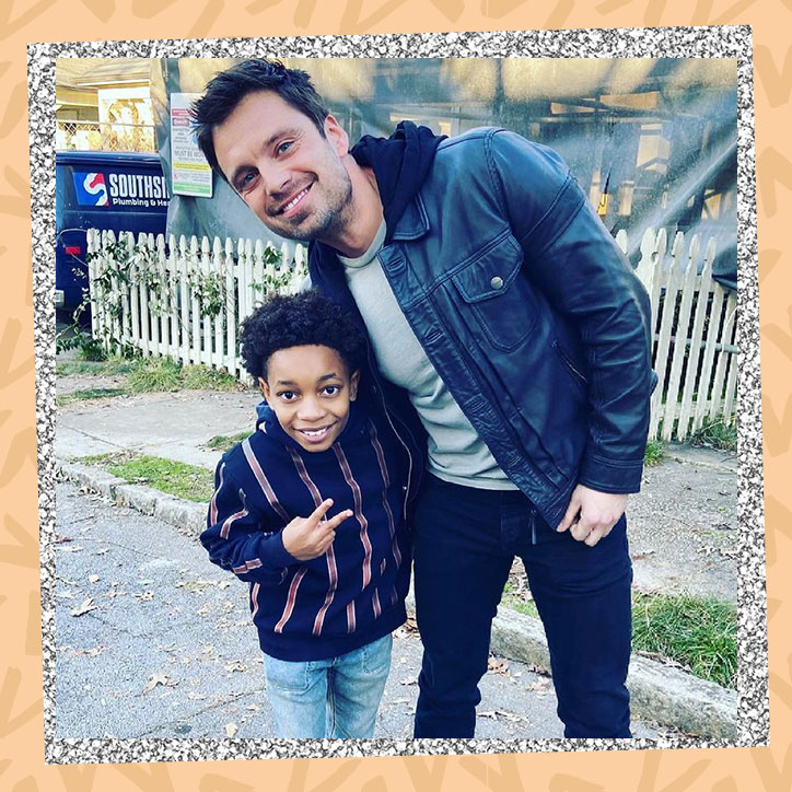 Actor Jecobi Swain posing with Sebastian Stan on the set of Falcon and the Winter Solider