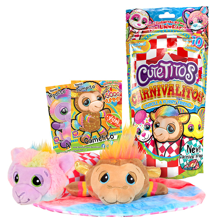 A package of Cutetitos Carnivalitos with two of the plush laying on a carnival wrap, a Camelito and an Alpacito