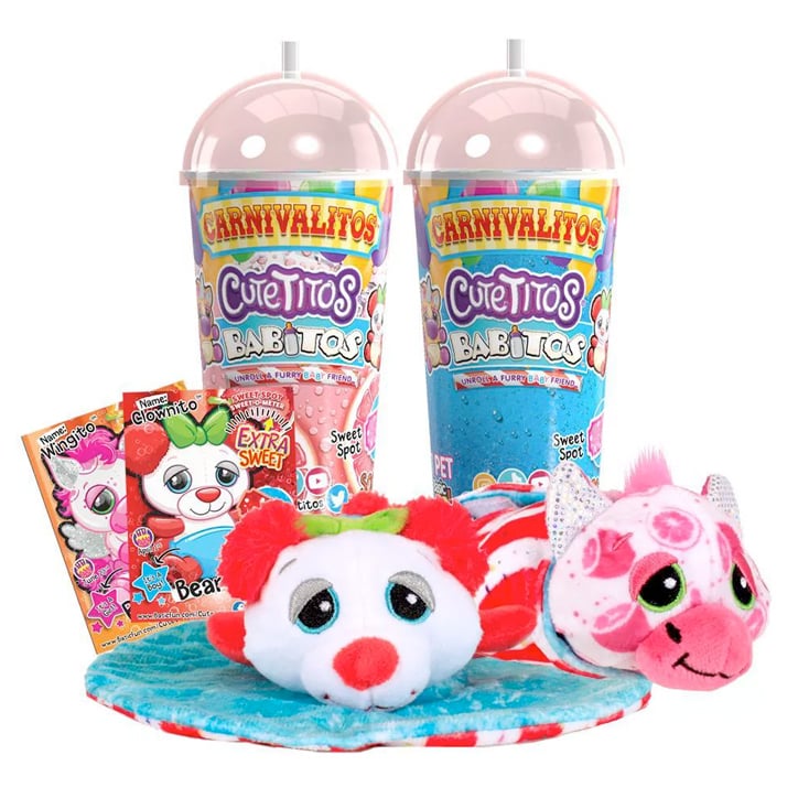 Cutetitos Carnivalitos Babitos next to their slushie cup packaging, with two of the plush laying on a carnival wrap, a Bearito and a Pegusito