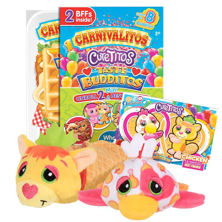 A package of Cutetitos Carnivalitos Taste Budditos next to their slushie cup packaging, with two of the plush inspired by chicken and waffles