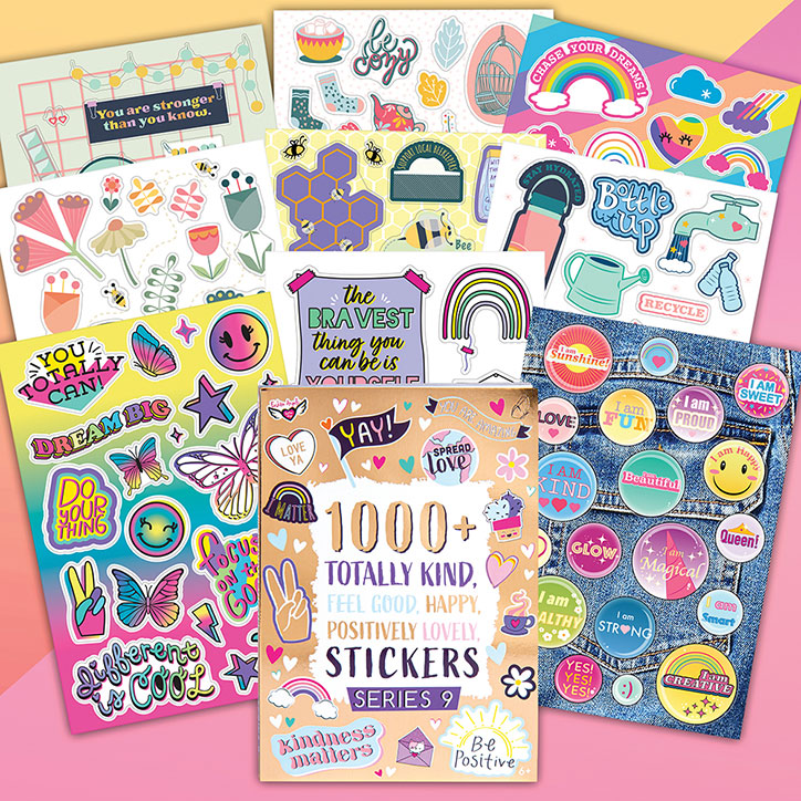 Flat lay over a pink and orange backdrop of the Fashion Angels Positivity Sticker Set and example sticker pages including peace signs, rainbows, and inspirational messages