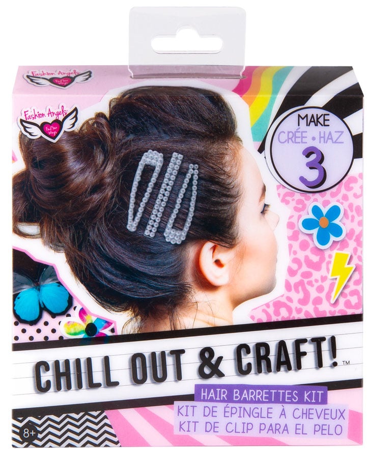 Product image of the Chill Out & Craft Hair Barrettes Kit, showing off the DIY clips in a teen girl's hair
