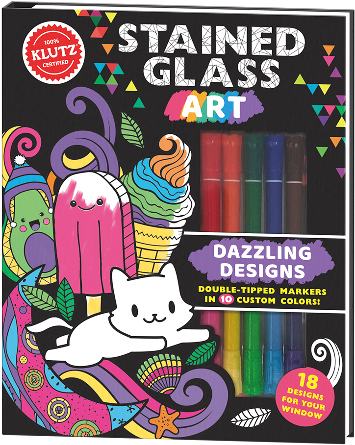 Product packaging for Klutz Stained Glass Art kit showing off included 18 double tip markers and example designs