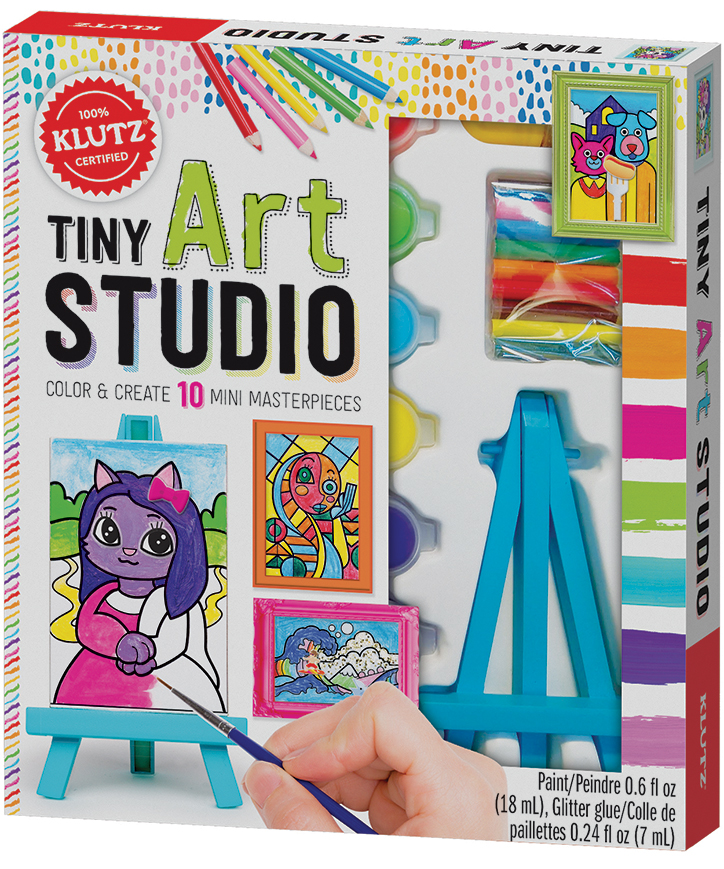 Product Packaging for Klutz Tiny Art Studio Kit showing off tiny easel, paints, and example paintings