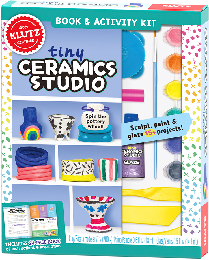 Product packaging for Klutz Tiny Ceramics Studio Kit showing off tiny pottery wheel that really spins and included clay and tools