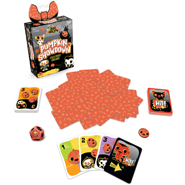 Product shot of Boo Hollow: Pumpkin Showdown card game featuring the box, some of adorable spooky the art from the cards, a die, and a thrower token