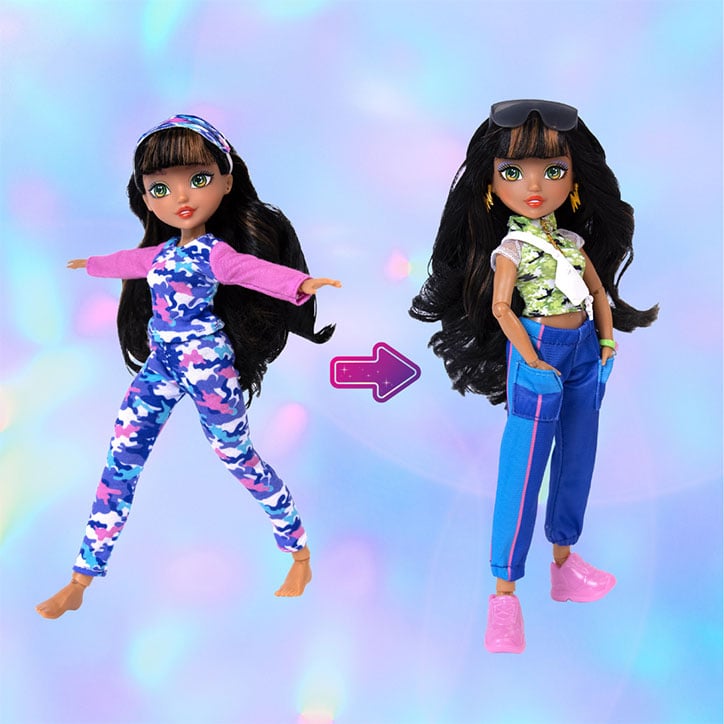 A before and after look at GLO-Up Girls Doll Alex styled in her pre-makeover pajama look and her post-glowup fashions