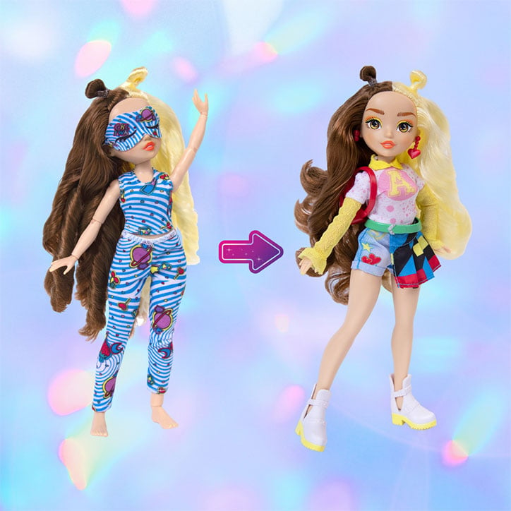 A before and after look at GLO-Up Girls Doll Erin styled in her pre-makeover pajama look and her post-glowup fashions