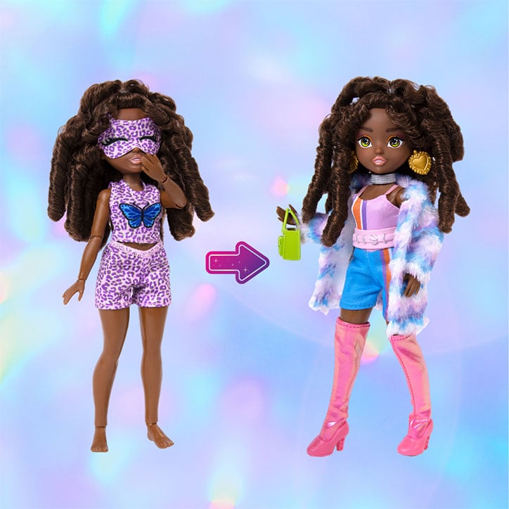 A before and after look at GLO-Up Girls Doll Kenzie styled in her pre-makeover pajama look and her post-glowup fashions