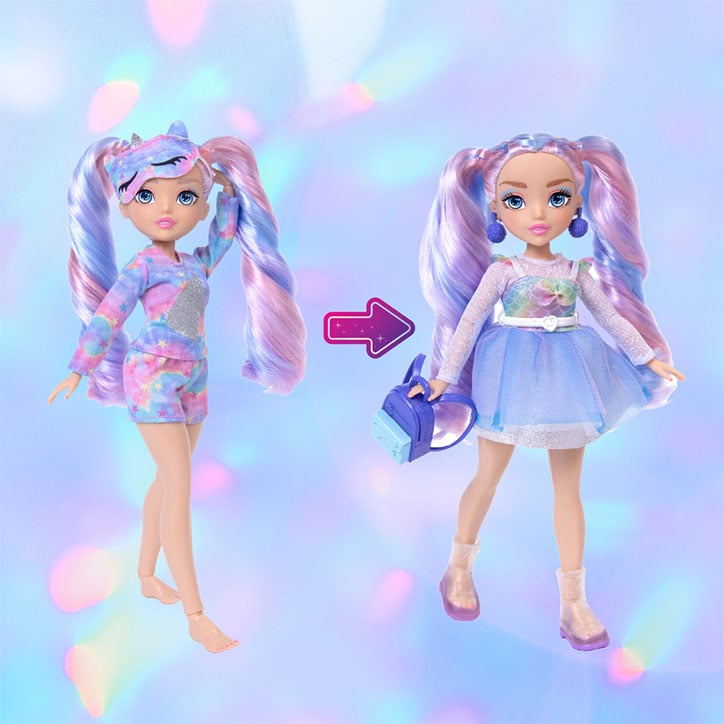 A before and after look at GLO-Up Girls Doll Sadie styled in her pre-makeover pajama look and her post-glowup fashions
