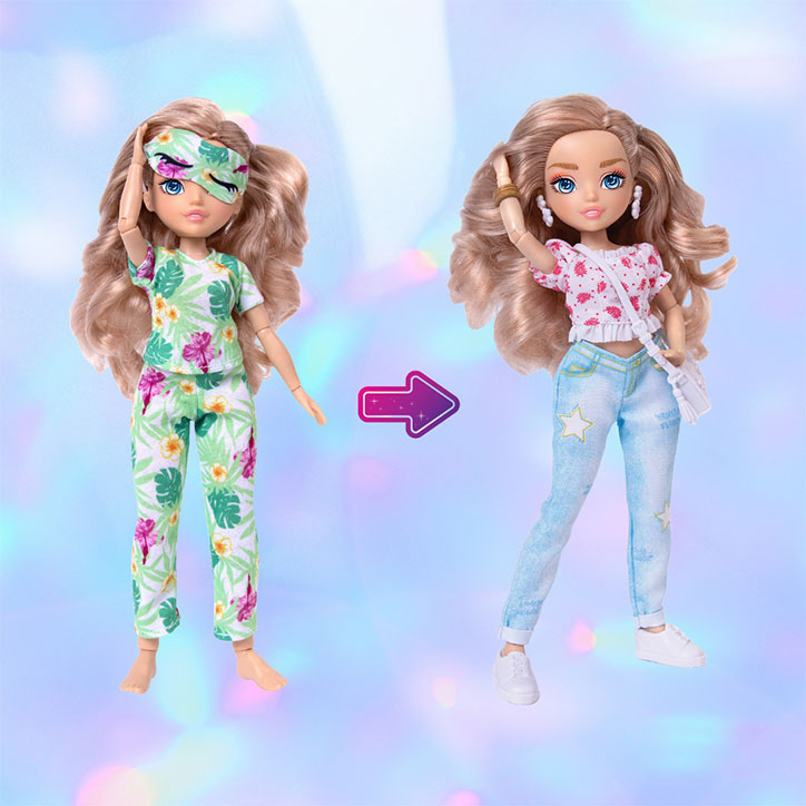 A before and after look at GLO-Up Girls Doll Tiffany styled in her pre-makeover pajama look and her post-glowup fashions