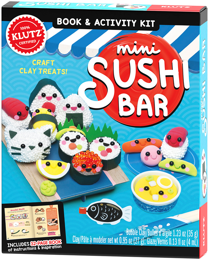 Product photo of the Klutz Mini Sushi Bar kit featuring clay sushi treats and papercraft accessories