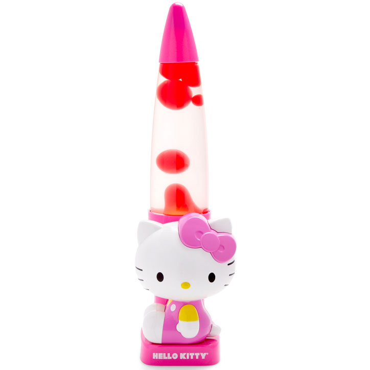 Product image for a Hello Kitty lava lamp with Hello Kitty in a pink and yellow outfit at the base and a rocket shaped lamp with red lava