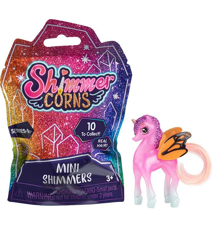 Product photo for Shimmercorns Mini Shimmers featuring the sparkly ombre packaging and one mini unicorn