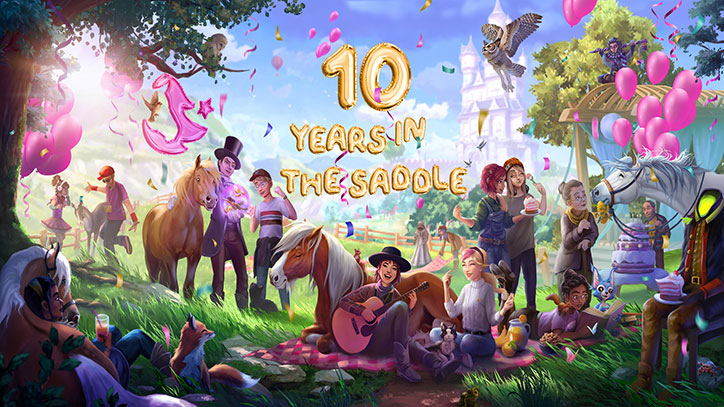 Star Stable 10 Year Anniversary Illustration featuring many Star Stable characters and horses celebrating at a picnic in Jorvik