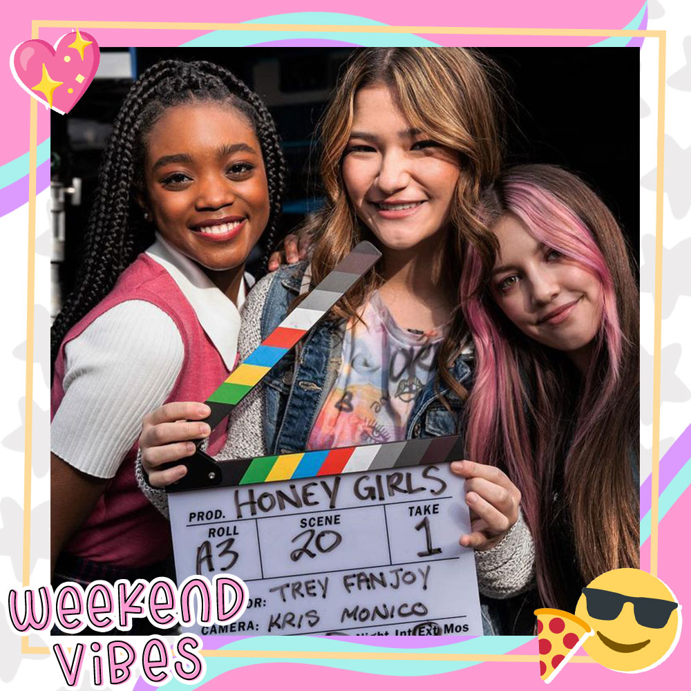 Ava Grace, Aliyah Mastin, and Frankie McNellis in character as Charlie, Maya, and Alex on the Honey Girls set