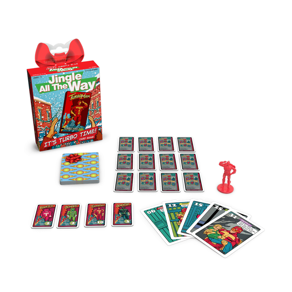 Product photo of Jingle All the Way: It's Turbo Time card game featuring the game box, cards, Turbo Man figure and other gameplay elements 