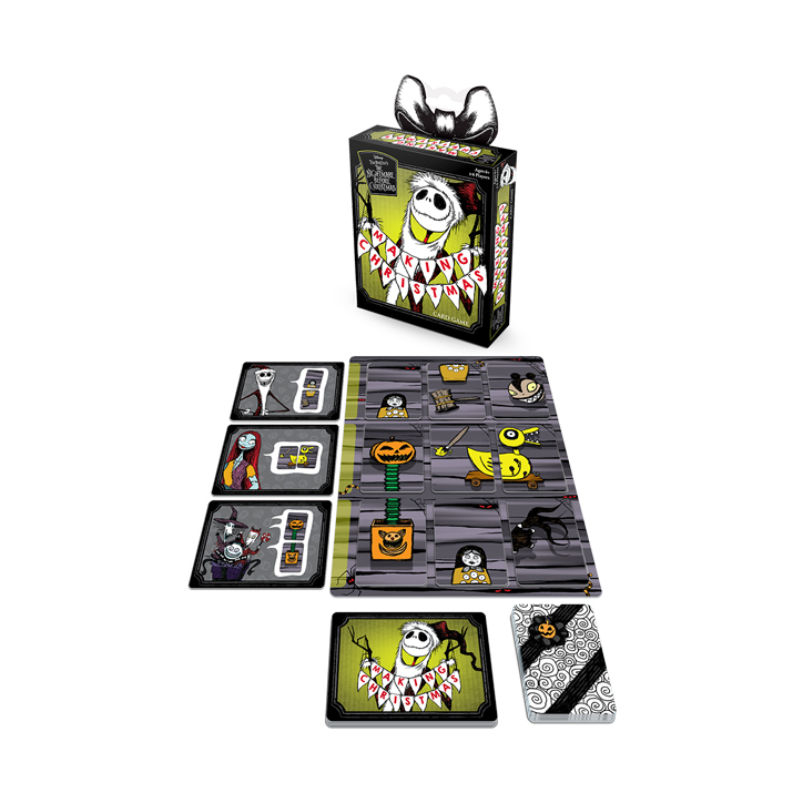 Product photo of Nightmare Before Christmas: Making Christmas card game featuring the game box, board, and cards