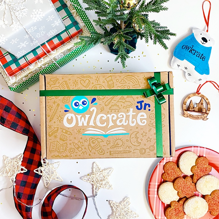 Flatlay of an OwlCrate Jr. subscription box wrapped in a green ribbon, laying on a table filled with holiday ornaments, gifts, and cookies