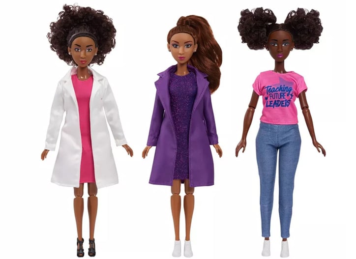 Product photo of The Fresh Dolls Career Collection dolls featuring Mia the surgeon, Neveah the president, and Luna the teacher