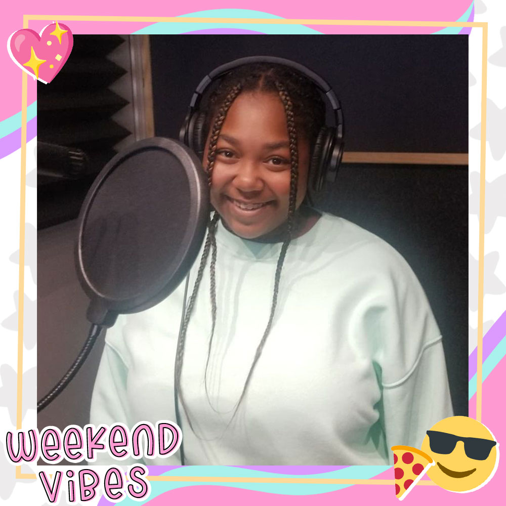 Jessica Mikayla smiles in the recording booth while recording VO for an upcoming role
