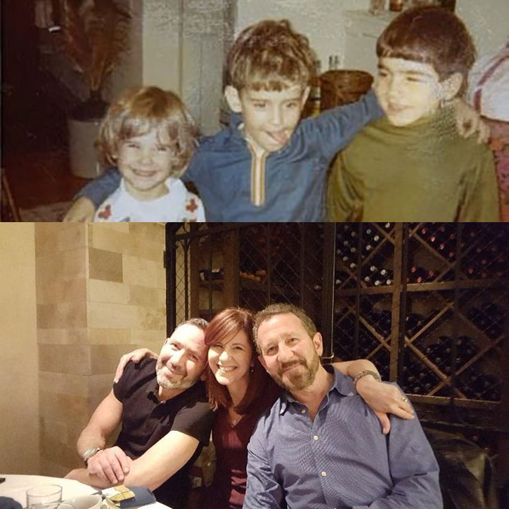 Side by side photographs of author Elly Swartz and her two brothers as kids and as adults