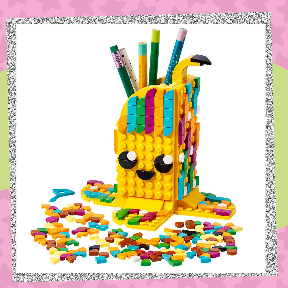 Product photo of fully assembled LEGO DOTS Cute Banana Pen Holder