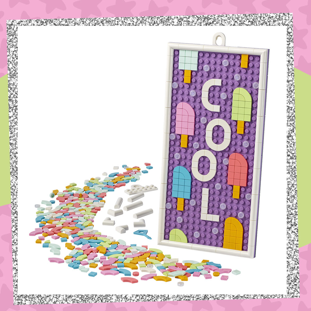 Product Photo of fully assembled LEGO DOTS Message Board featuring the word 'COOL' surrounded by multicolored popsicles
