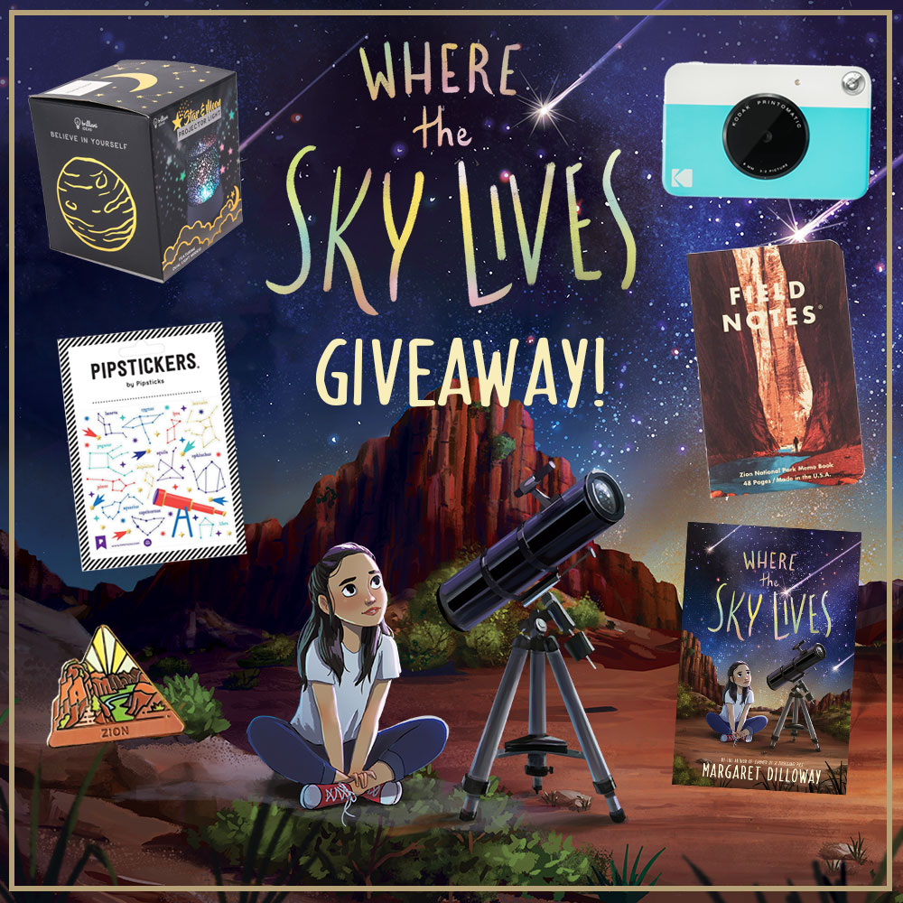 Graphic featuring all of the items in the Where the Sky Lives Giveaway including a copy of the book, all detailed in the text below this image.