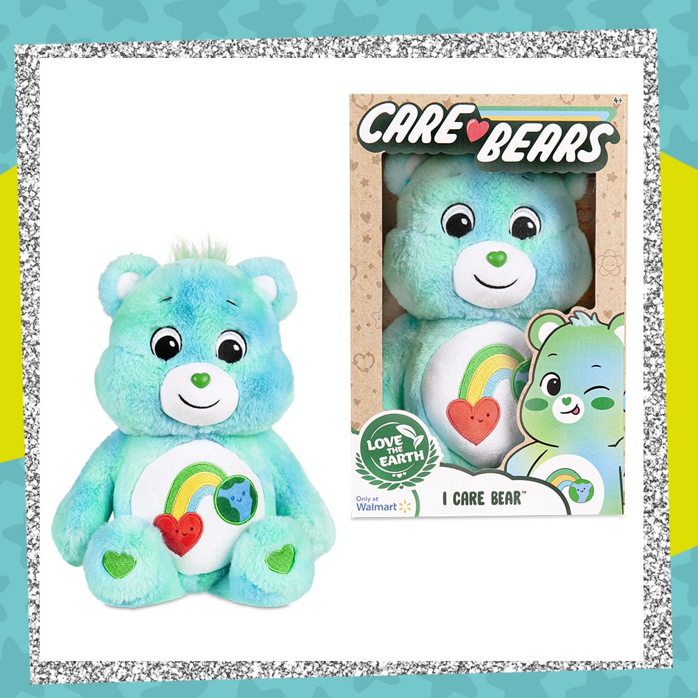 Product photo of the Care Bears I Care Bear Plush toy sitting next to its recycled cardboard packaging