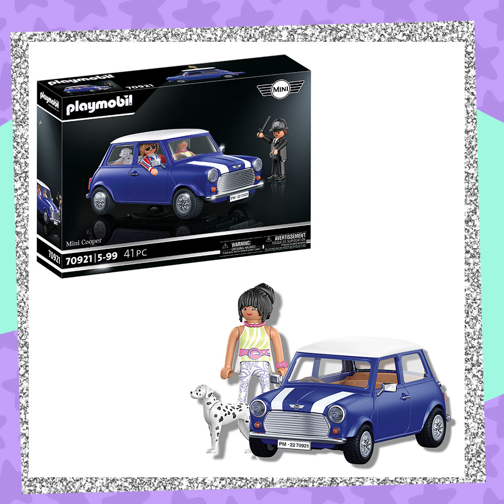 Playmobil Mini Cooper Prize Graphic. Features product box and image of Mini Cooper, female mini figure, and Dalmatian figure. Fully detailed rules and entry form listed below this image.