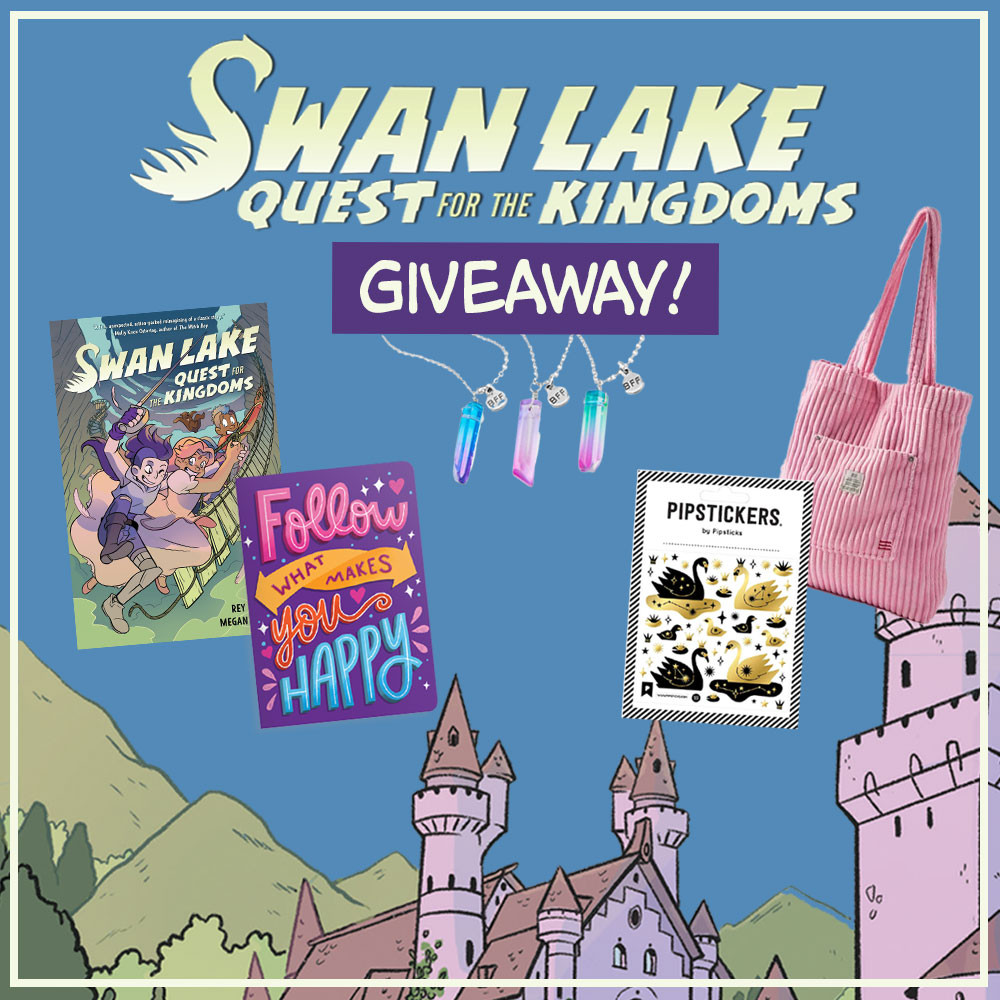 Prize graphic for the Swan Lake: Quest for the Kingdoms giveaway which shows off all the items included in the prize pack. Fully detailed prize, rules, and entry form detailed below this image.