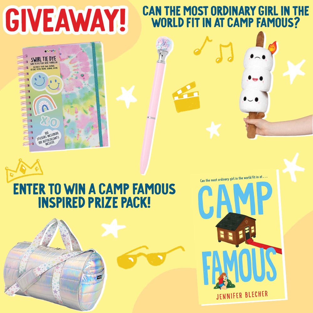 Prize graphic for YAYOMG!'s Camp Famous Giveaway showing off each of the items in the prize pack. Fully detailed list of prizes, giveaway rules, and entry form are detailed below this image.