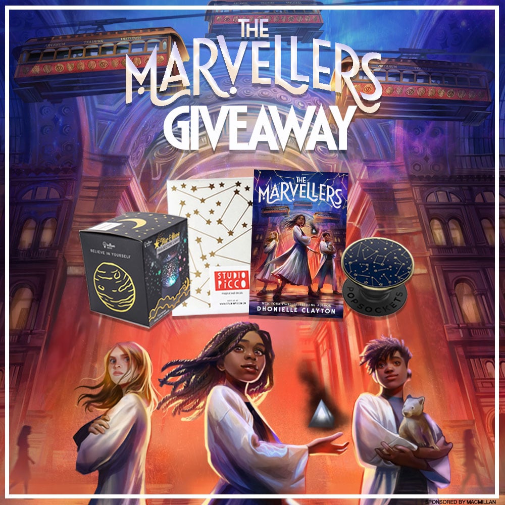 Prize Graphic for The Marvellers Giveaway featuring the Marvellers characters and the items included in the prize pack. Fully detailed prize list, entry form, and rules detailed below this image.