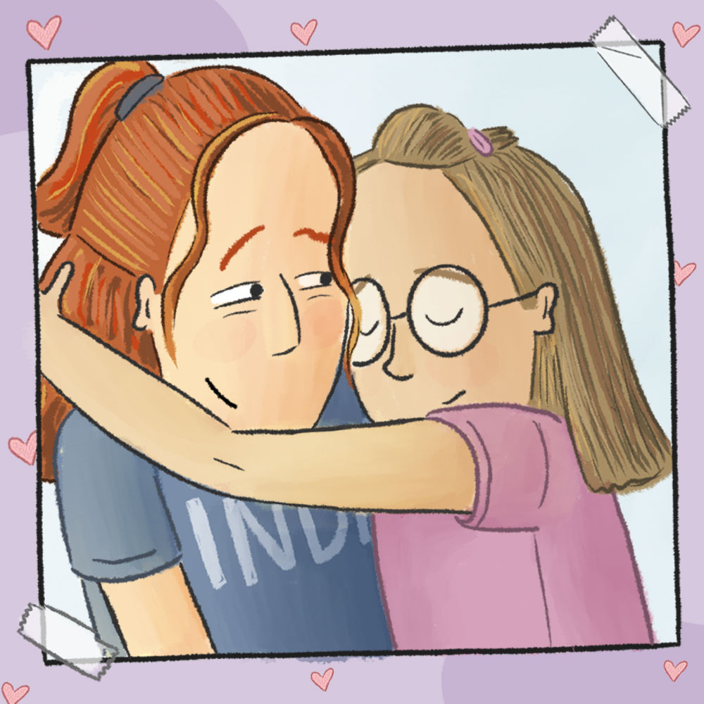 Panel from the Smaller Sister graphic novel featuring Lucy giving Olivia a hug