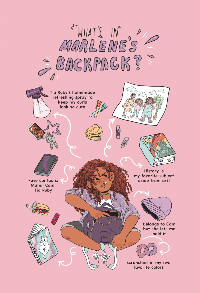 Preview page from Frizzy graphic novel introducing Marlene and the items in her backpack.