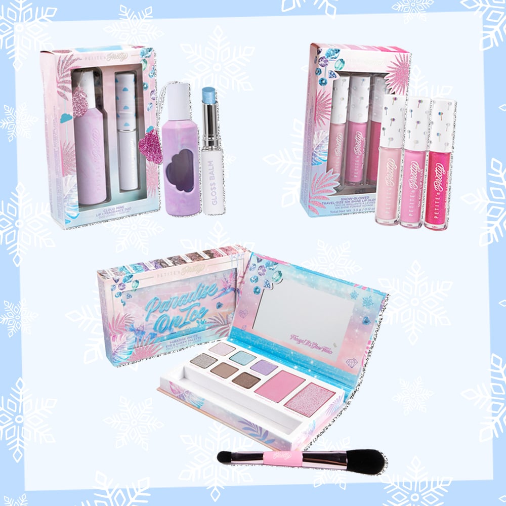 Prize graphic for Petite 'n Pretty Paradise on Ice Makeup Collection Giveaway showing off the products featured in the prize pack. Fully detailed rules, entry form, and prize list detailed below this image.