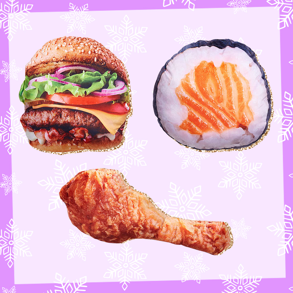 Prize graphic featuring the Seriously Supersized Food Trio Prize Pack, including a supersized plush cheeseburger, sushi roll, and fried chicken leg. Fully detailed rules, entry form, & prize info detailed below this image.