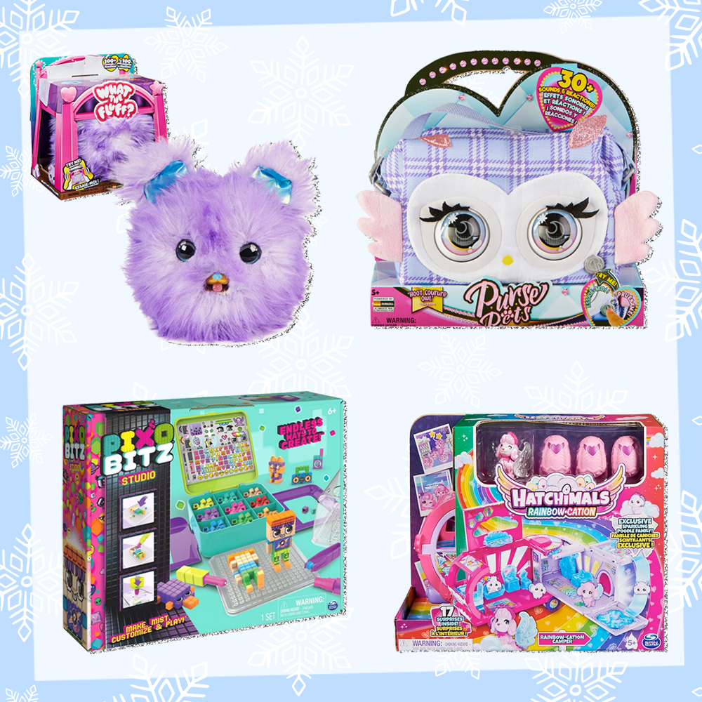 Prize graphic featuring all 4 products included in the Holly Jolly Giveaway: Spin Master Colorfully Cute Haul Prize Pack. Fully detailed rules, entry form, & prize info detailed below this image.