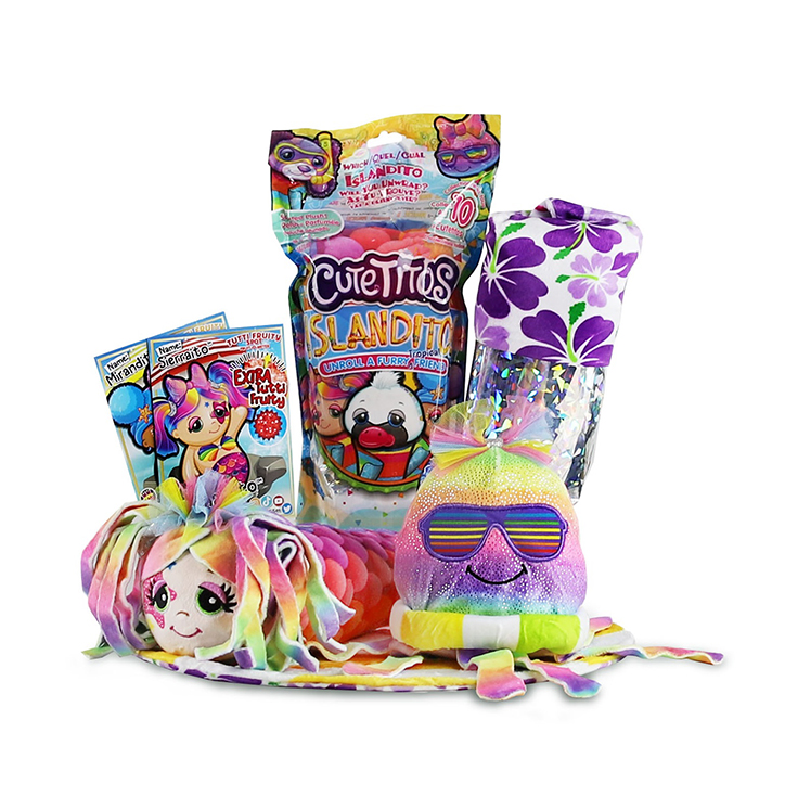 Product photo for Cutetitos Islanditos, featuring the packaging, character card, burrito blanket, and two tropical-inspired characters
