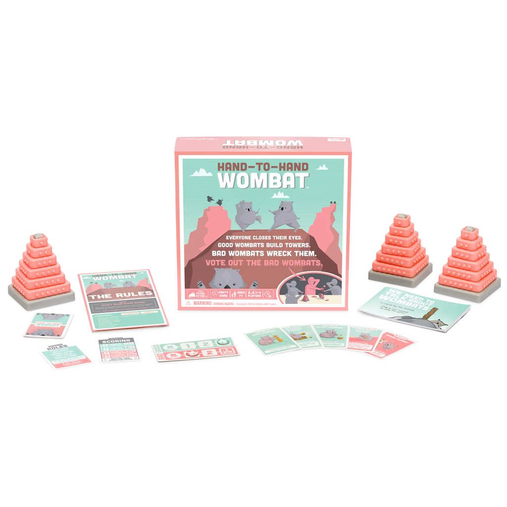 Product photo of Hand-to-Hand Wombat game and gameplay elements, including cards, wombat towers, point trackers, and rulebook