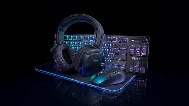 Product photo of the ROCCAT Vulcan TKL Pro Bundle featuring the keyboard, headset, mouse, and gaming pad