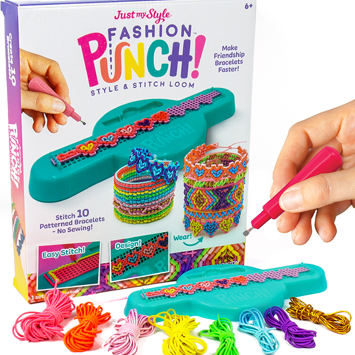 Product photo of the Just My Style Fashion Punch Style & Stitch Loom featuring the box, colored cords, punch loom, and stitching tool 