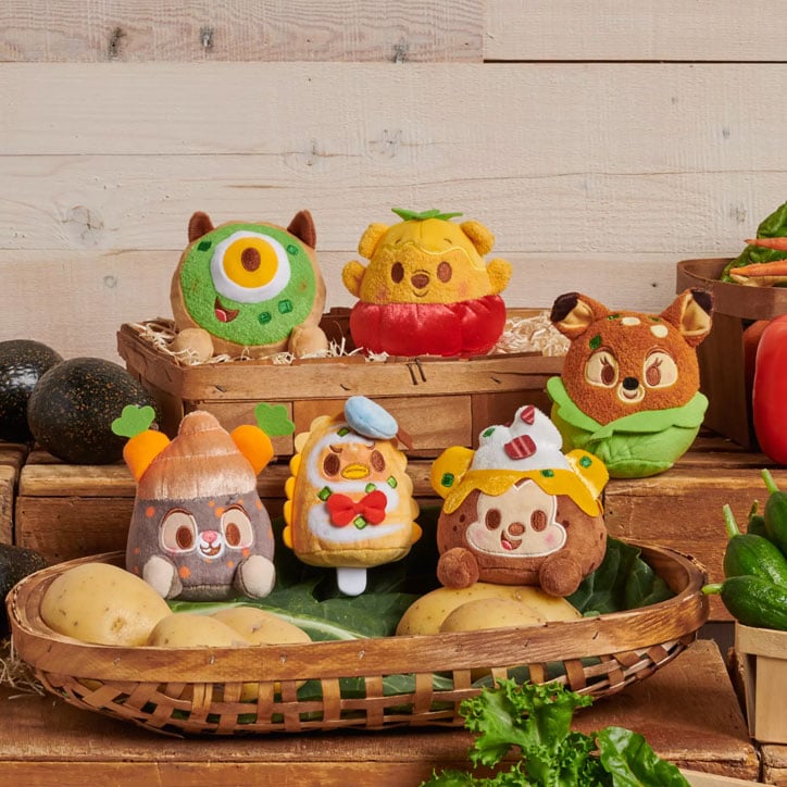 All 6 Disney Munchlings from the Garden Goodness series sitting in baskets filled with vegetables